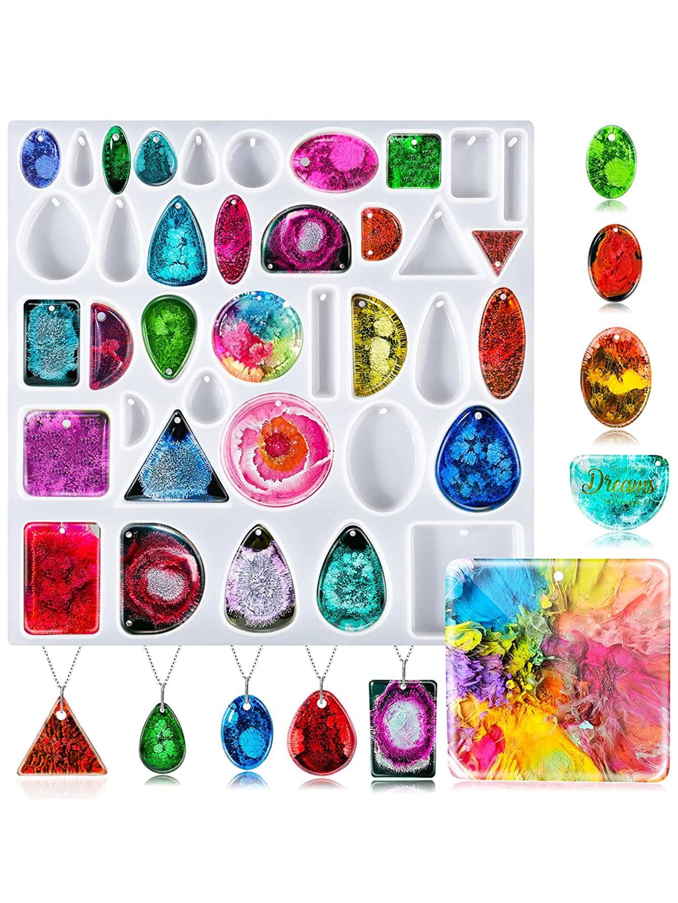 Moule à bijoux en résine, moule en silicone à 38 cavités pour pendentif en résine époxy, moule de coulée de résine pour pendentif rond en pierre précieuse. Convient pour les pendentifs, boucles d'oreilles, colliers, porte-clés, etc. - Blanc - Voir 1