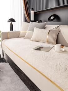 1pc Jacquard Pattern Contrast Binding Sofa Towel, Beige Polyester Sofa Seat Liner, For All Season - Beige - View 1