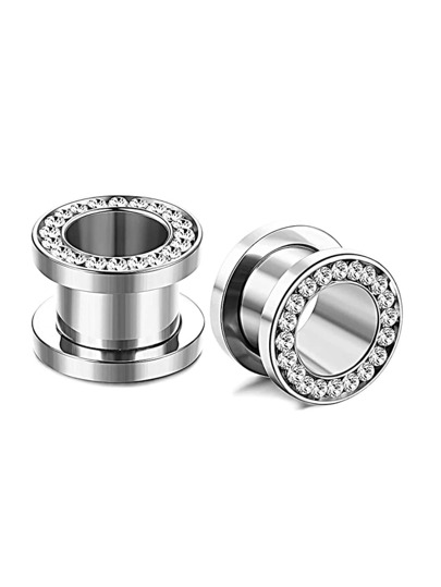 1pair Stainless Steel Ear Gauges With Diamond Inlay 6-16 MM