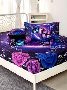 3pcs Colorful Flower & Butterfly Print Sheet Set With 1pc Sheet, 2pcs Pillow Case Without Filler, Modern Soft Fitted Sheet For Bedroom