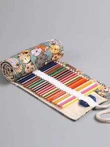1pc Cartoon Cat Pattern Roll-up Pencil Bag, Cute Large Capacity Roll-Up Case Bag For Student, Office, Pencil Storage - Beige - View 1