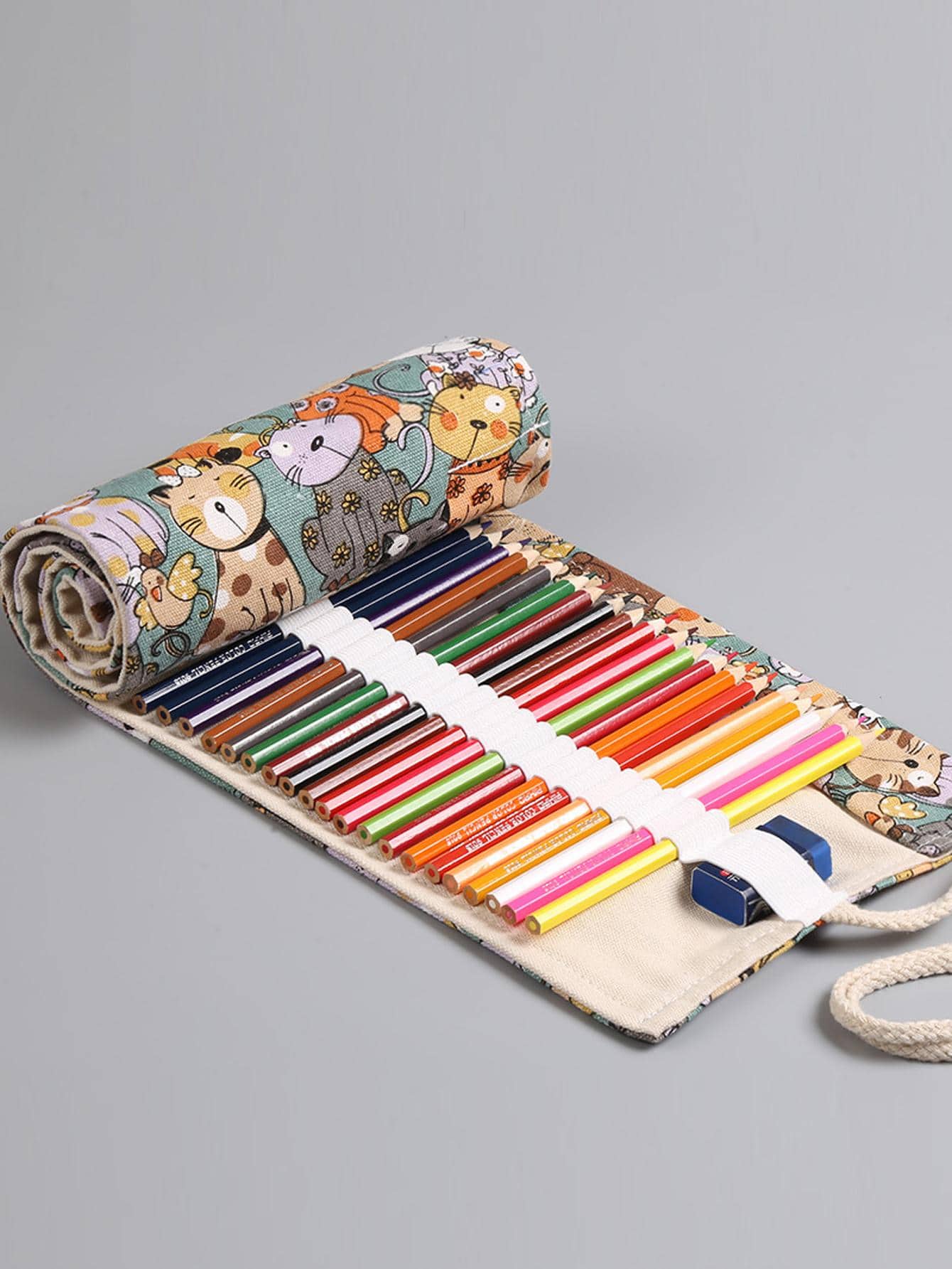 1pc Cartoon Cat Pattern Roll-up Pencil Bag, Cute Large Capacity Roll-Up Case Bag For Student, Office, Pencil Storage - Beige - View 1