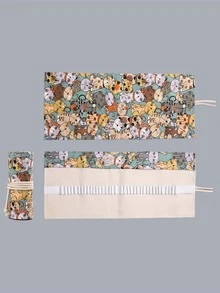 1pc Cartoon Cat Pattern Roll-up Pencil Bag, Cute Large Capacity Roll-Up Case Bag For Student, Office, Pencil Storage - Beige - View 3