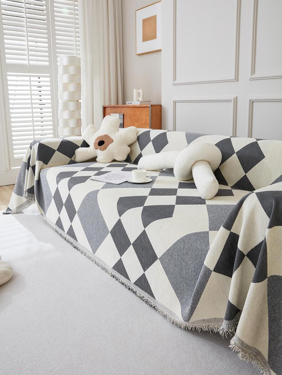 1入組幾何圖案沙發巾現代滌綸毛邊裝飾毛巾套適合家用 - 淺灰色 - 查看 1