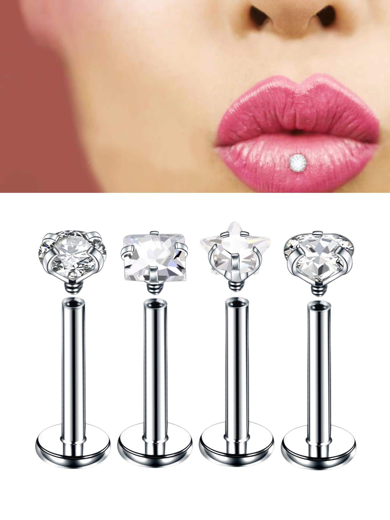 4 pièces/set Clou à lèvres combinaison et cercle en forme de avec zircone cubique - Argent - Voir 8