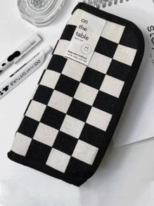 1pc Checkerboard Pattern Stationery Bag, Simple Large Capacity Pen Bag For Student Stationery Organizer - Black and White - View 3