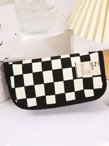 1pc Checkerboard Pattern Stationery Bag, Simple Large Capacity Pen Bag For Student Stationery Organizer - Black and White - View 2
