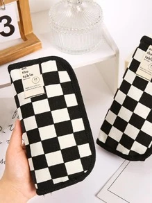 1pc Checkerboard Pattern Stationery Bag, Simple Large Capacity Pen Bag For Student Stationery Organizer - Black and White - View 1