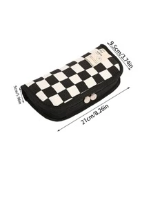 1pc Checkerboard Pattern Stationery Bag, Simple Large Capacity Pen Bag For Student Stationery Organizer - Black and White - View 5