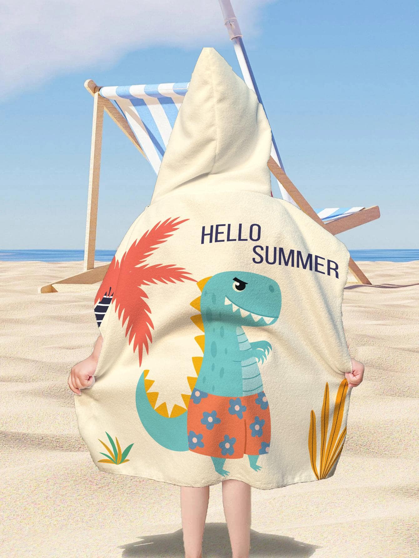 1入組兒童恐龍和字母圖案浴巾卡通可愛超細纖維兒童連帽旅行沙灘巾 - 彩色 - 查看 1