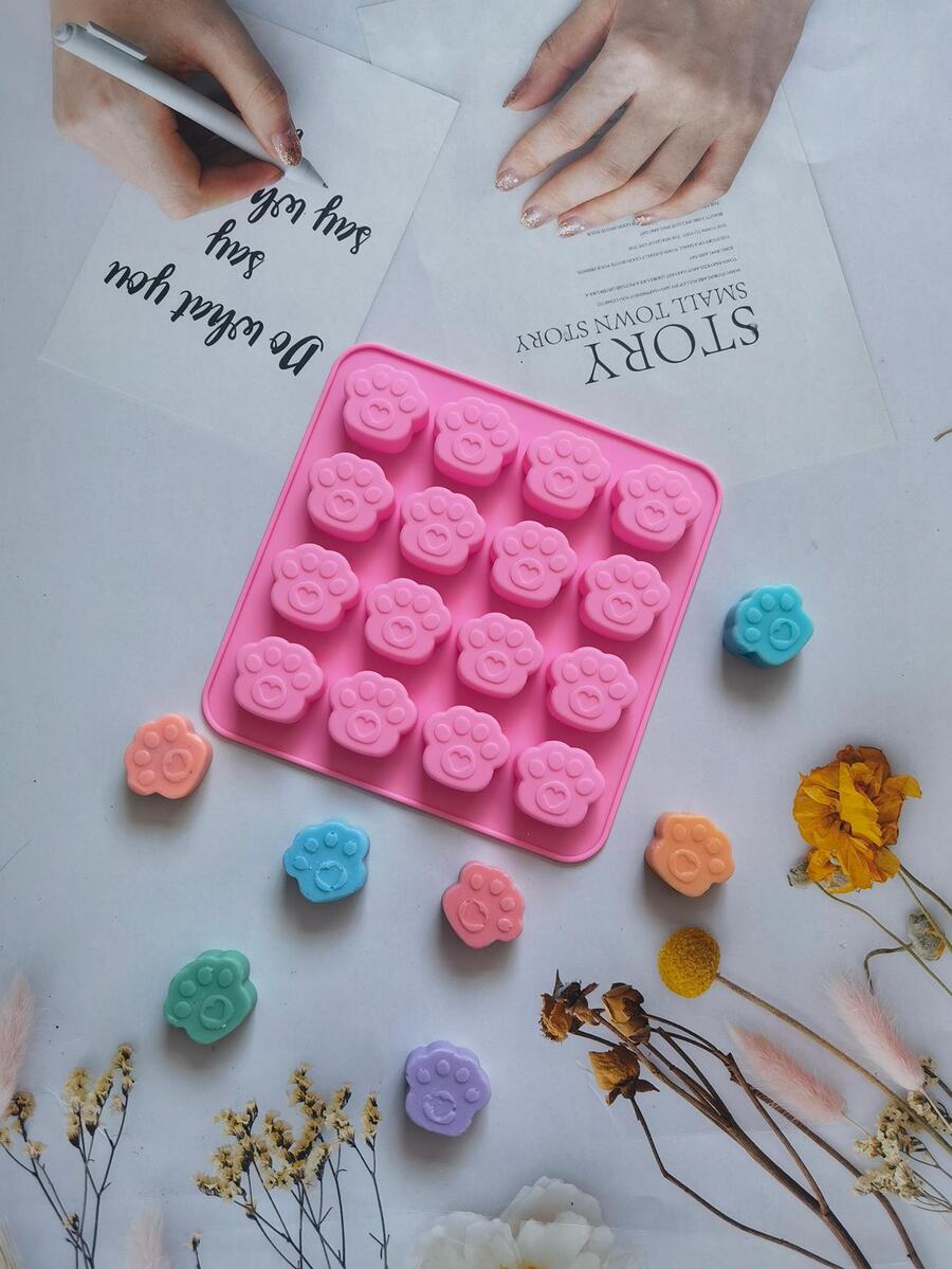 1pc 16-Cavity Silicone Paw Shaped Candy & Chocolate Mold, Kitchen Handmade Baking Tool - Pink - View 1