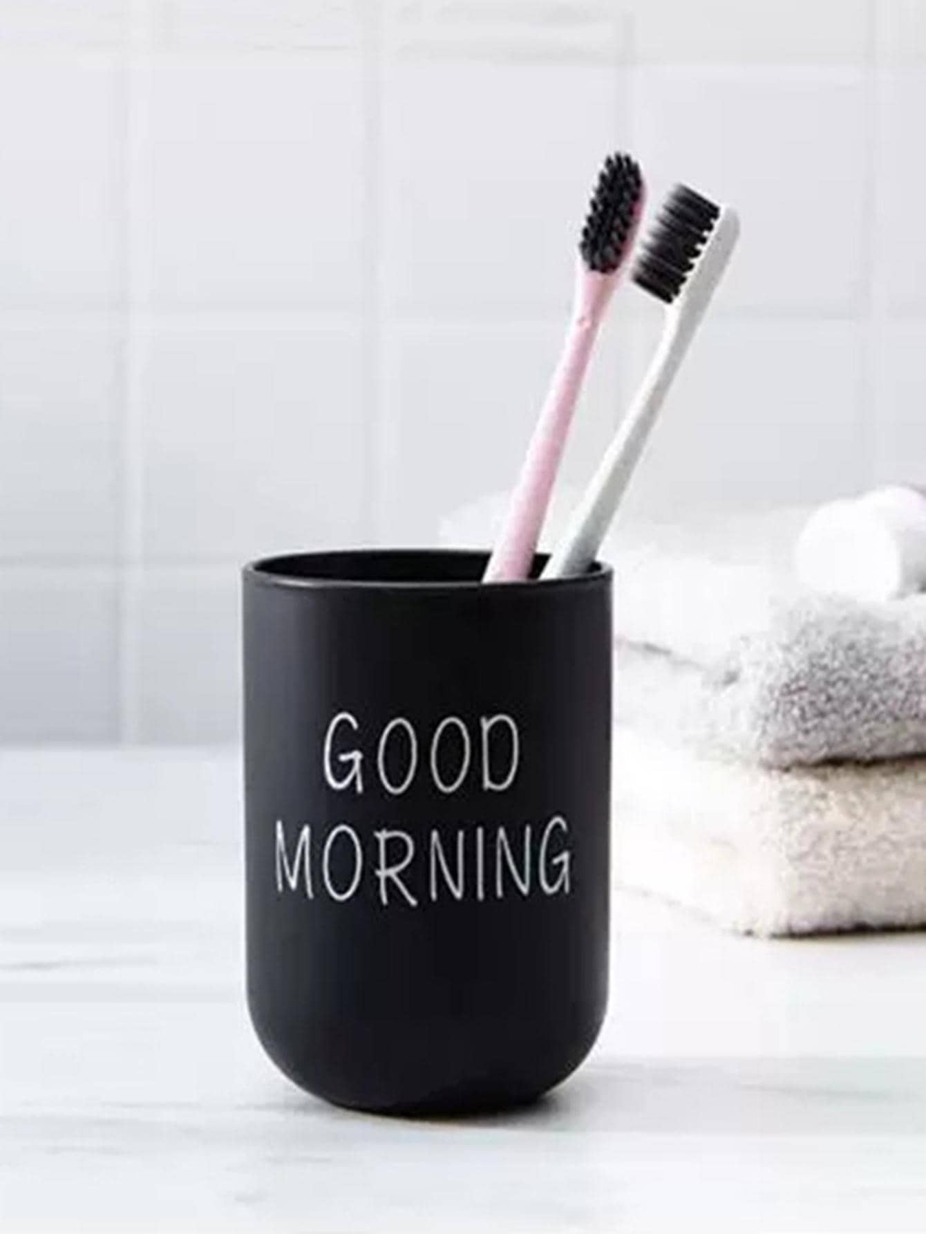 1pc Large Capacity Pp Mouthwash Cup, Cute Morning Decor & Portable Design Suitable For Home Use Home Bathroom Decor Fall Decor Back To School - Black - View 1