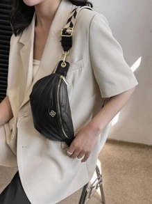 Chevron Fanny Pack Zipper Metal Decor Pu - Black - View 2