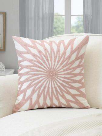 1 件粉色几何刺绣抱枕套，室内装饰，四季靠垫套，不含填充物