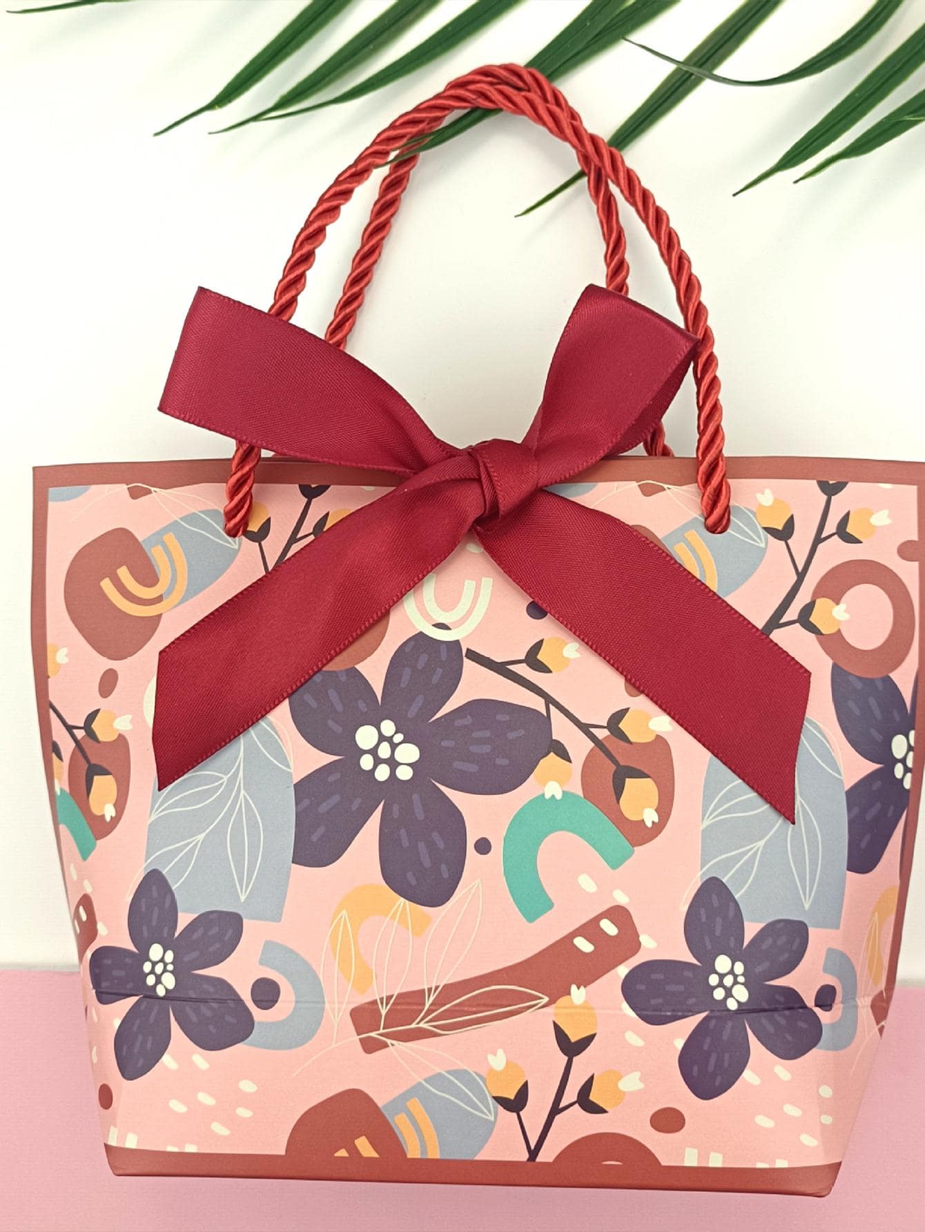 1入組紙禮品包裝花朵圖案禮品袋適合派對 - 紅色 - 查看 1