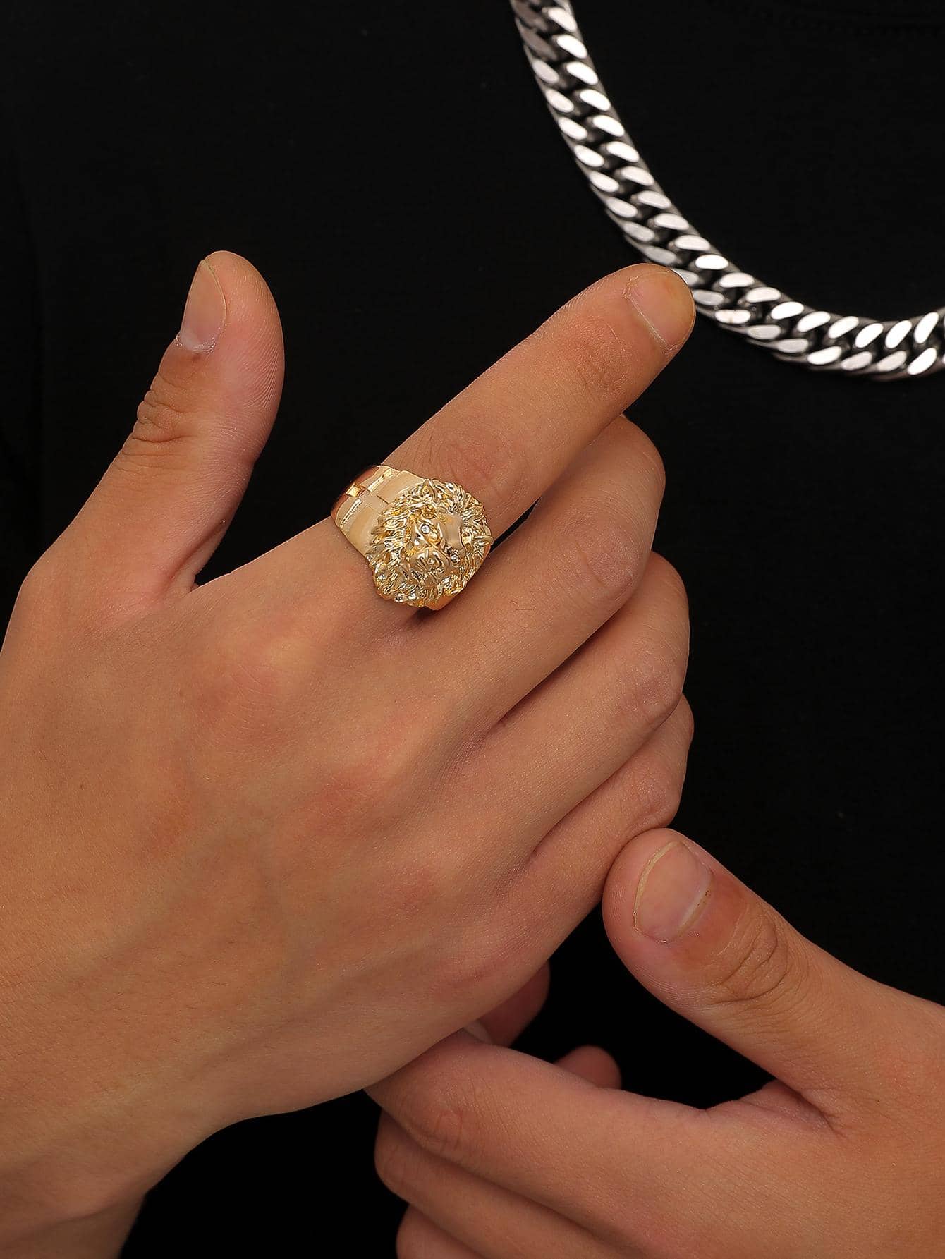 1入組華麗風格方晶鋯石獅頭可調節戒指女士男士嘻哈時尚戒指 - 金黃色 - 查看 1