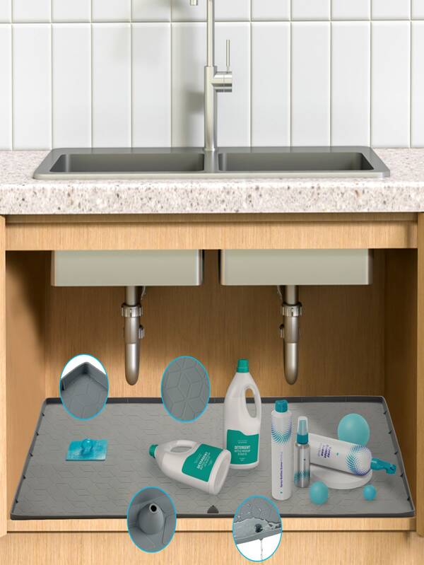 Under Sink Mat with Drain Hole, 34"x22" Kitchen Bathroom Tray