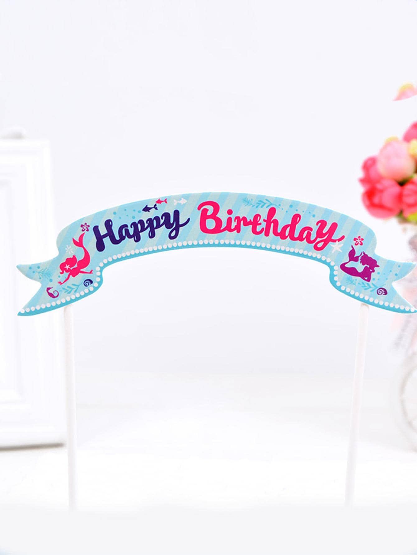 5入組/套紙蛋糕上衣卡通美人魚和字母圖案蛋糕裝飾 - 藍色 - 查看 1