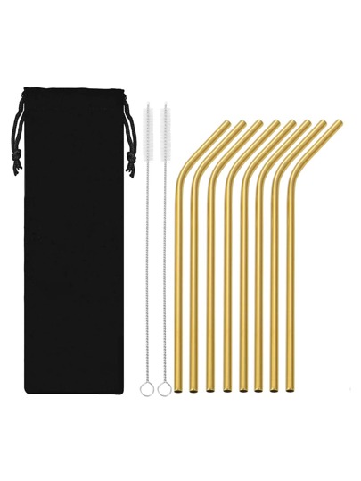 8pcs Stainless Steel Straw & 2pcs Cleaning Brush & 1pc Storage Bag, Minimalist Drinking Straw Set For Party,Kitchen,Christmas Gift,School Supplies