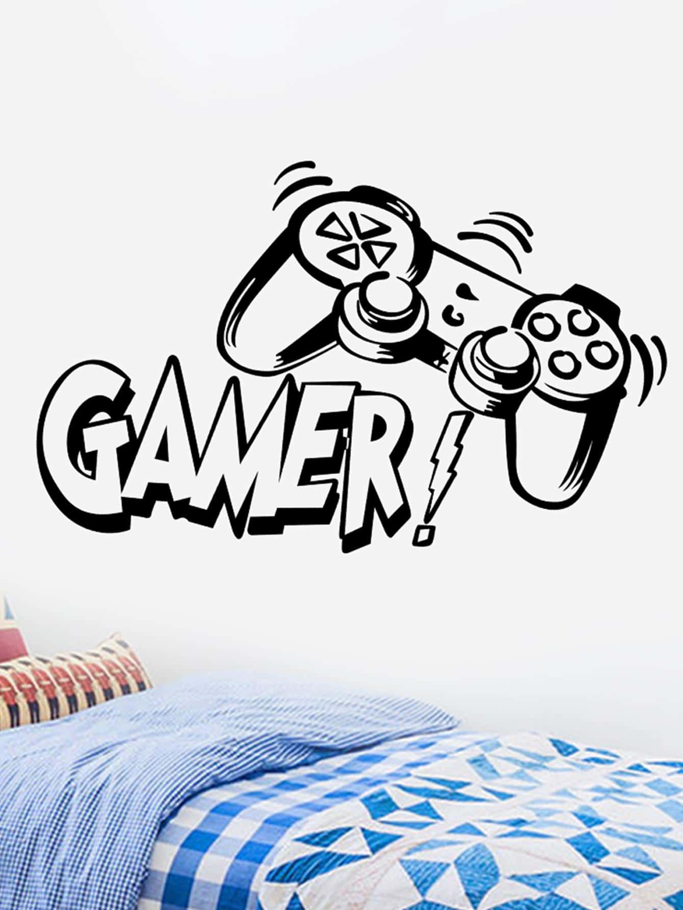 1pc Letter & Game Pad Pattern Wall Sticker, Modern PVC Wall Decal For Home Decoration - Black - View 1