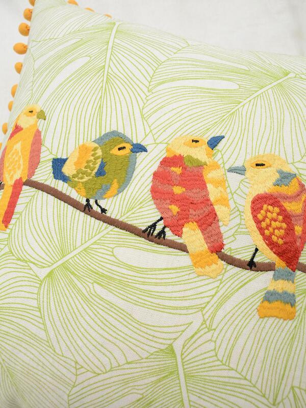 Bird Embroidery Pom Pom Trim Lumbar Pillow Cover Without Filler, Throw