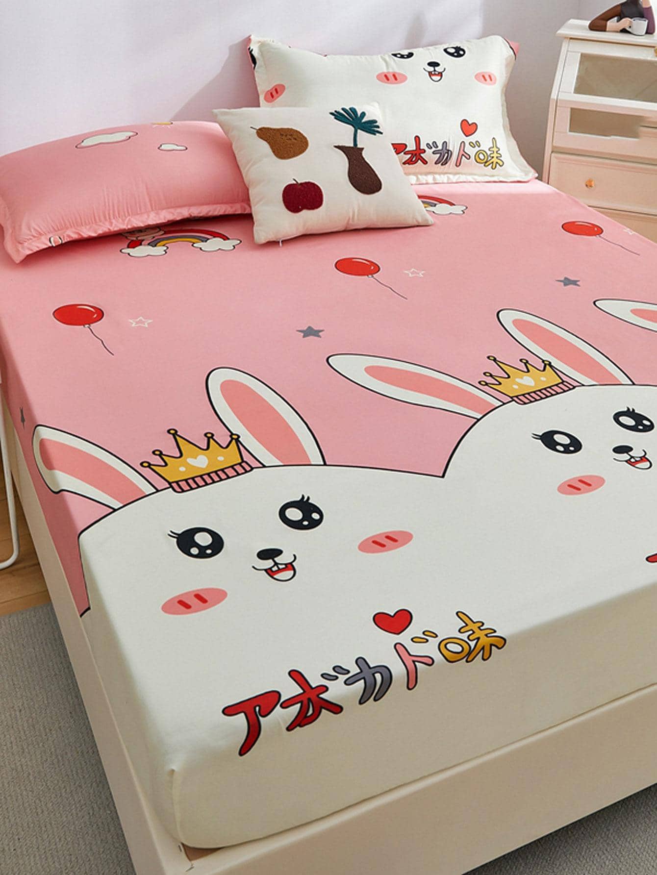 1pc Cartoon Rabbit Print Fitted Sheet, Cute Fabric Fitted Bottom Sheet For Bedroom - Multicolor - View 1