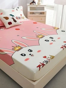 1pc Cartoon Rabbit Print Fitted Sheet, Cute Fabric Fitted Bottom Sheet For Bedroom - Multicolor - View 3