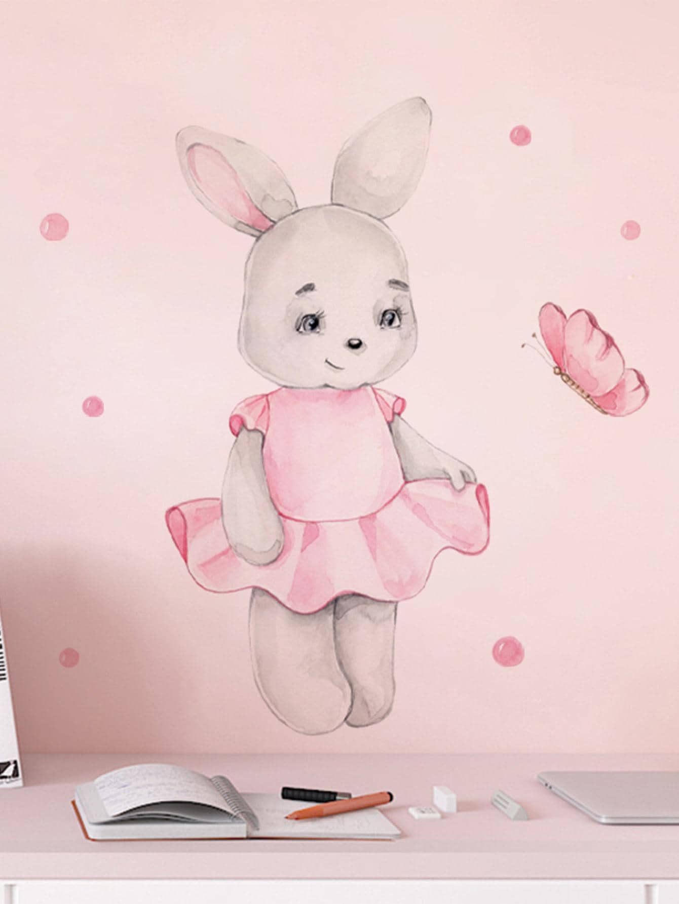 1pc PVC Wall Decal, Modern Rabbit & Butterfly Pattern Wall Sticker For Home Wall Decor - Multicolor - View 1