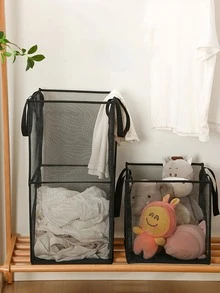 1pc Solid Color Laundry Basket, Modern Polyester Mesh Laundry Hamper For Household - Black - View 7