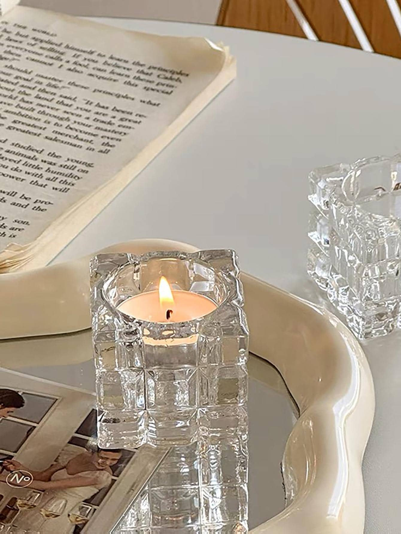 Ins Style Glass Ice Cube Candlestick Vintage French Decorative Candle Holder - Clear - View 1