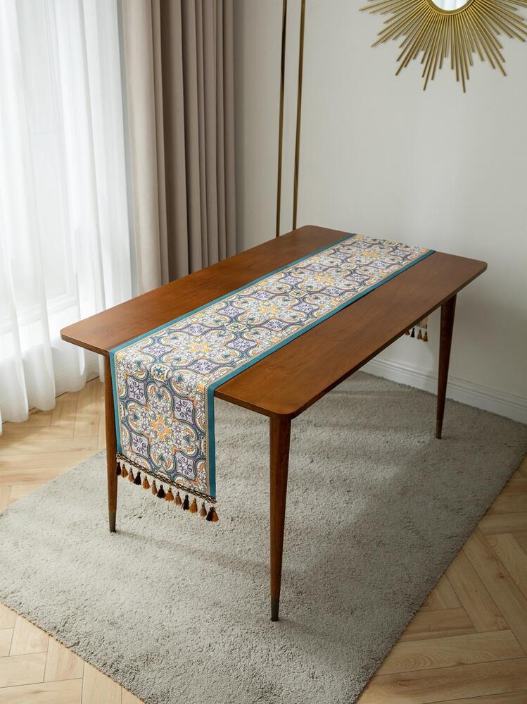 1pc Geometric Pattern Tassel Decor Table Runner, Boho Geometric Pattern Tassel Decor Rectangle Table Runner For Dinner Table - Multicolor - View 1