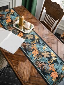 1pc Leaf Pattern Tassel Trim Table Runner, Boho Leaf Design Rectangle Table Runner For Dinner Table - Multicolor - View 3