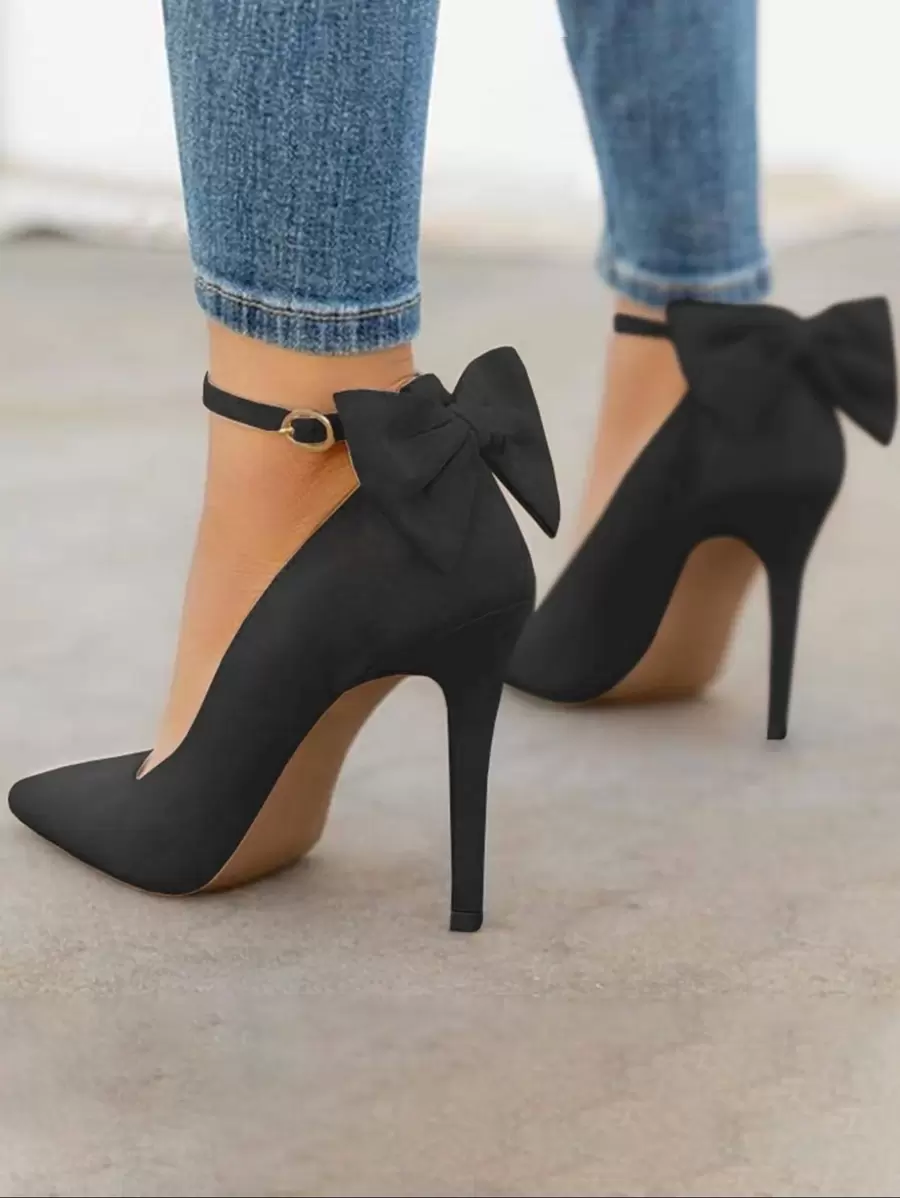 Party Dating Women Pointed Toe High Heels Pumps Stiletto Ankle Strap Dress Pump Shoes With Bow Tie Valentine's Day - 黑色 - 查看 1