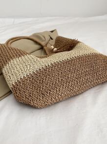 女式拼色编织草编手提包带流苏吊坠，夏季新品，单肩大容量沙滩包，适合度假 - 彩色 - 查看 6