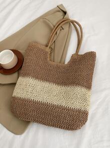 女式拼色编织草编手提包带流苏吊坠，夏季新品，单肩大容量沙滩包，适合度假 - 彩色 - 查看 4