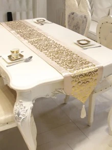 1pc Metallic Scroll Pattern Tassel Decor Table Runner, Khaki Polyester Table Liner, For Dining Table - Khaki - View 1