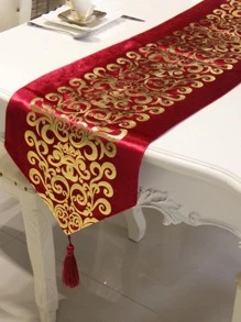 1pc Metallic Scroll Pattern Tassel Decor Table Runner, Khaki Polyester Table Liner, For Dining Table - Khaki - View 6