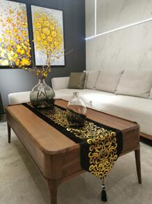 1pc Metallic Scroll Pattern Tassel Decor Table Runner, Khaki Polyester Table Liner, For Dining Table - Khaki - View 8