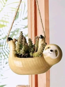 1入組陶瓷懶猴掛籃盆,適用於多肉與仙人掌植物,園藝與家居裝飾 - 黃色 - 查看 2