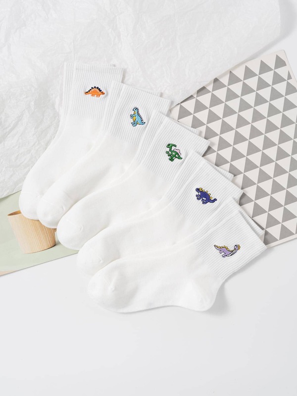 5pairs Women Dinosaur Embroidery Casual Crew Socks, For Daily Life