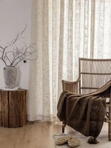 Plaid Pattern Single Panel Sheer Curtain, Modern Polyester Light Filtering Privacy Sheer Curtain For Living Room And Bedroom - Beige - View 4