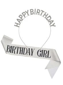 2pcs/Set Slogan Graphic Sash & Rhinestone Decor Party Props-Headband, Modern Plastic Sash & Dress Up Headband Party Photo Prop For Birthday Party