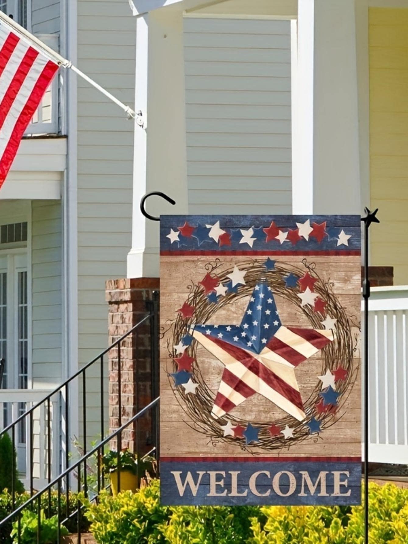 1入組獨立日花園旗幟現代字母和星星印花庭院旗幟適用於戶外、花園裝飾