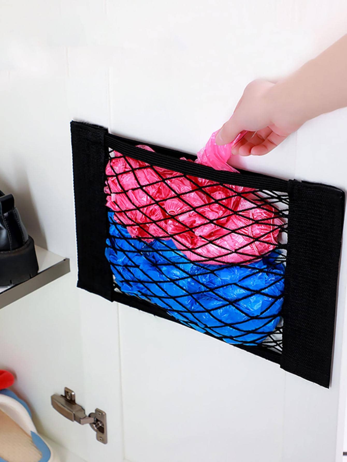 1pc Multi-Functional Trash Bag Holder, Breathable Net Pouch Wall Mount Garbage Bag Organizer, Elastic Storage Basket For Cabinet Door, Suitable For Home, Kitchen, Bathroom Storage & Organization,For Back To School - Black - View 1