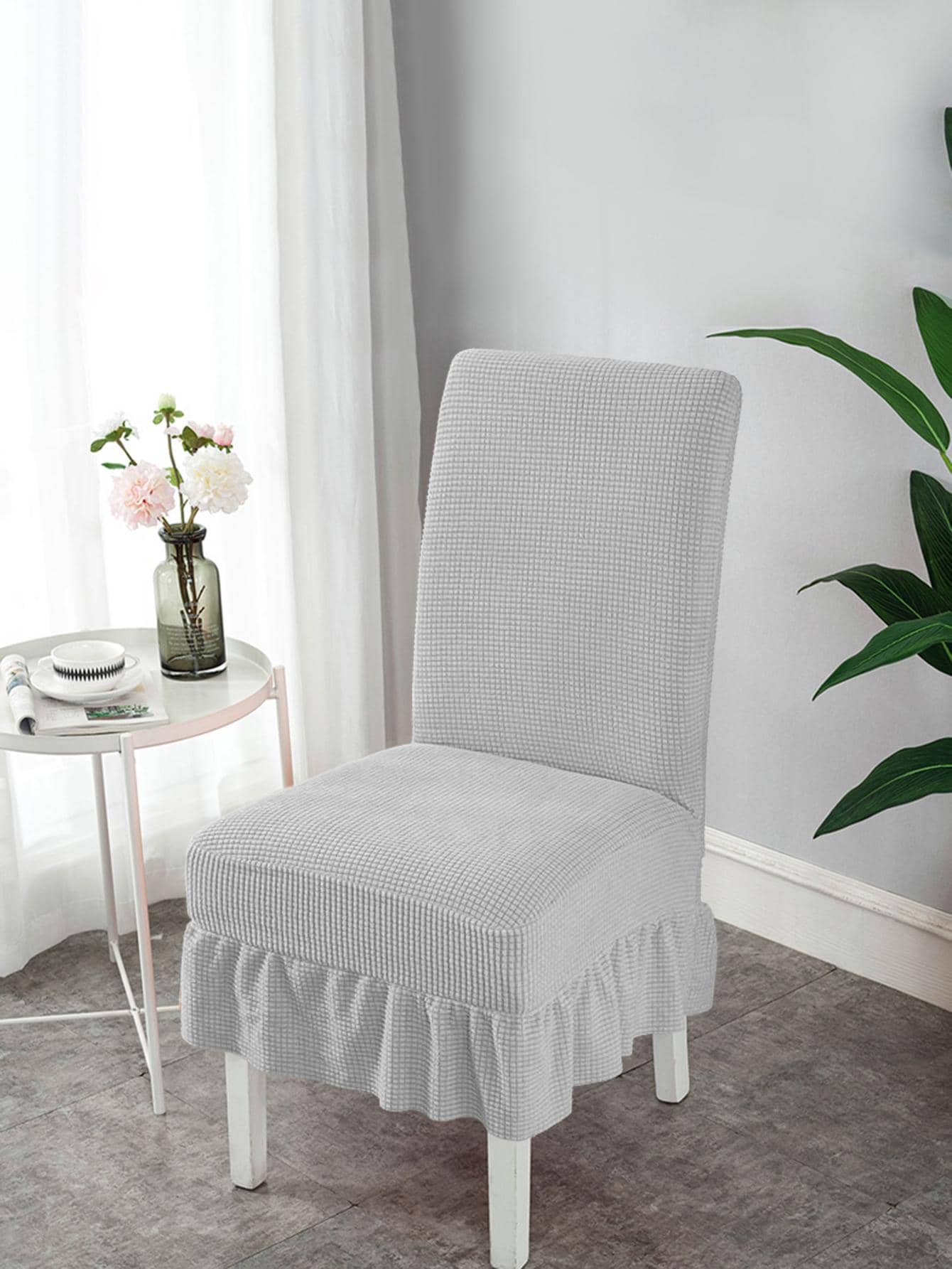 1/4 chiếc Vỏ bọc ghế nhung kẻ co giãn xếp nếp trơn - Xám - Xem 1