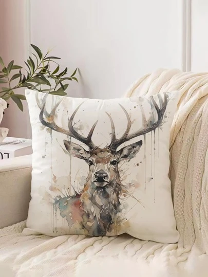 1pc Elk Print Cushion Cover Without Filler, Modern Fabric Decorative Throw Pillow Case For Living Room, Home Decor