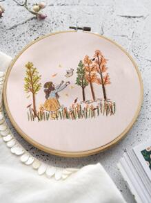 1套圖形和樹圖案手工刺繡現代滌綸隨機顏色手工刺繡套件用於縫紉 - 軍綠色 - 查看 1