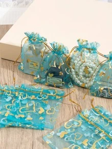 20pcs Heart Pattern Drawstring Detail Gift Wrapping Bag, Modern Polyester Gift Bag For Party - Blue - View 3