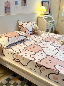 1pc Cartoon Graphic Fitted Sheet, Cute Fabric Fitted Bottom Sheet For Bedroom