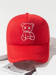 1pc Unisex Bear Pattern Breathable Trucker Hat, For Outdoor Cute - Red - View 1